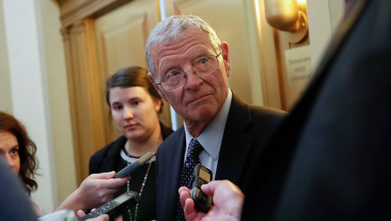 Sen. James Inhofe, R-Okla., stops to speak to members of the media after attending the weekly GOP conference luncheon at the Capitol in Washington, Tuesday, Aug. 28, 2018.