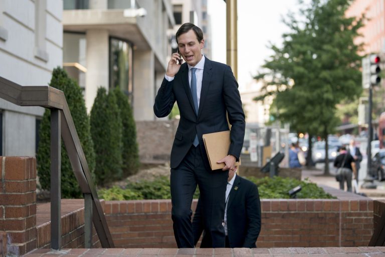 President Trump's White House senior adviser Jared Kushner arrives at the Office of the United States Trade Representative.