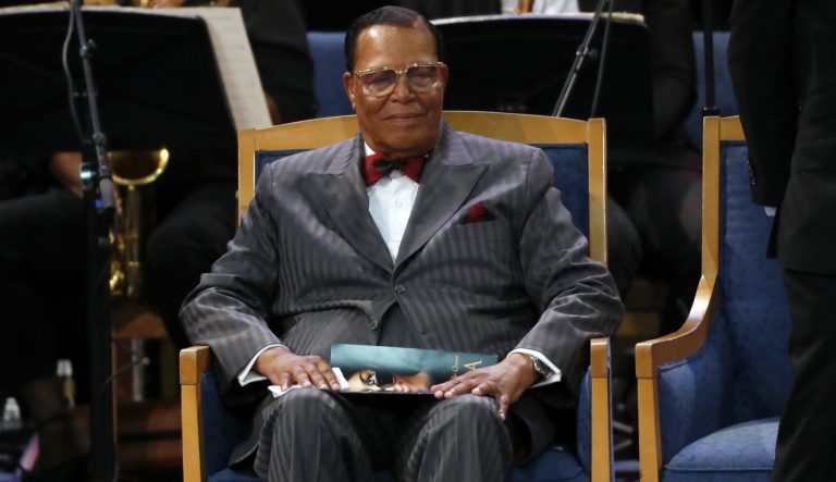 Louis Farrakhan attends the funeral service for Aretha Franklin at Greater Grace Temple, Friday, Aug. 31, 2018, in Detroit. 