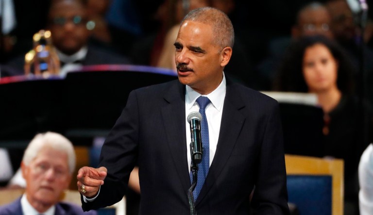 Former U.S. Attorney General Eric Holder speaks.