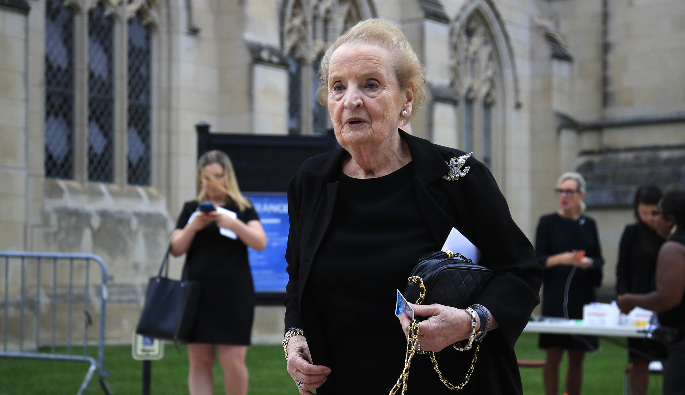 Former Secretary of State Madeleine Albright arrives for a memorial service for Sen. John McCain, R-Ariz., at the Washington National Cathedral in Washington, Saturday, Sept. 1, 2018.