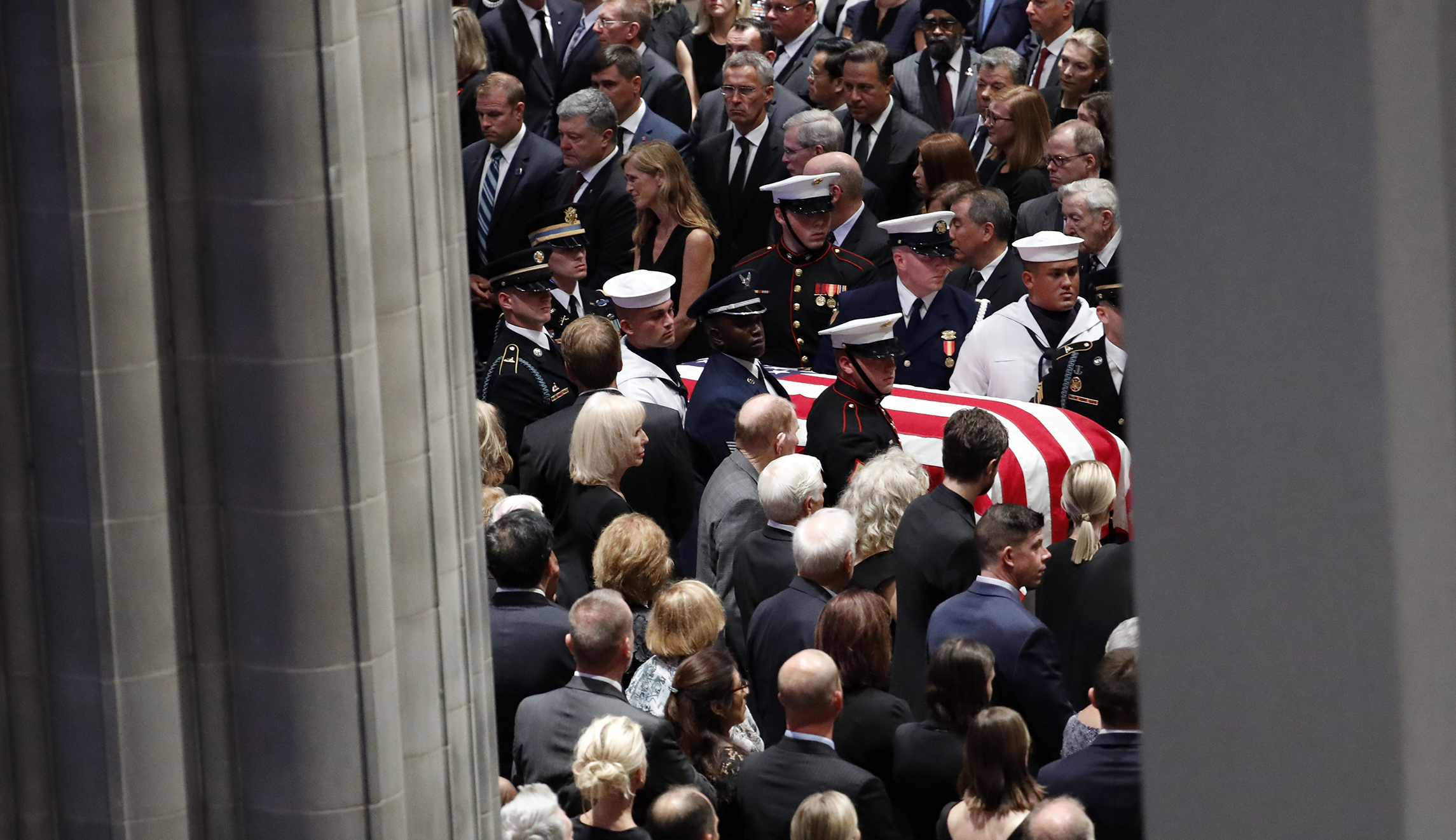 The casket of Sen. John McCain, R-Ariz., arrives at the Washington National Cathedral in Washington, Saturday, Sept. 1, 2018, for a memorial service.