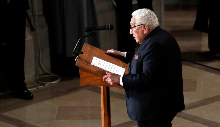 Former Secretary of State Henry Kissinger speaks at a memorial service for Sen. John McCain, R-Ariz., at Washington National Cathedral in Washington, Saturday, Sept. 1, 2018.