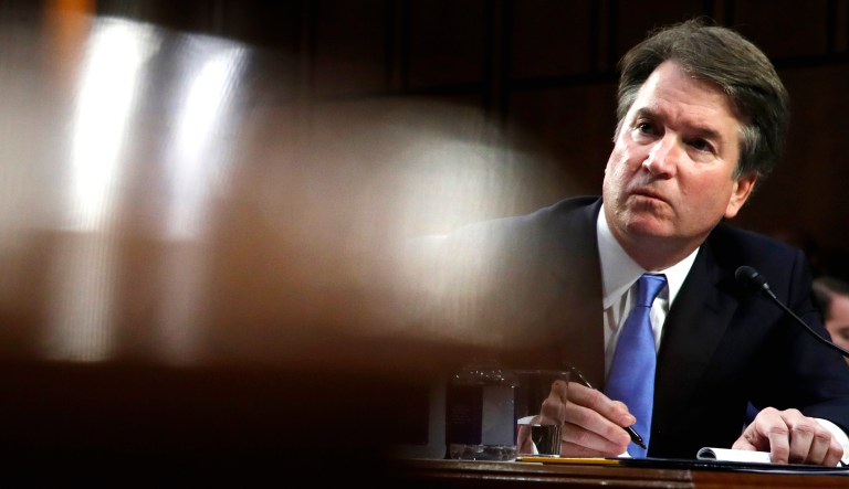President Trump's Supreme Court nominee, Brett Kavanaugh, listens to questions from Sen. Kamala Harris, D-Calif., in the evening of the second day of his Senate Judiciary Committee confirmation hearing on Sept. 5, 2018.