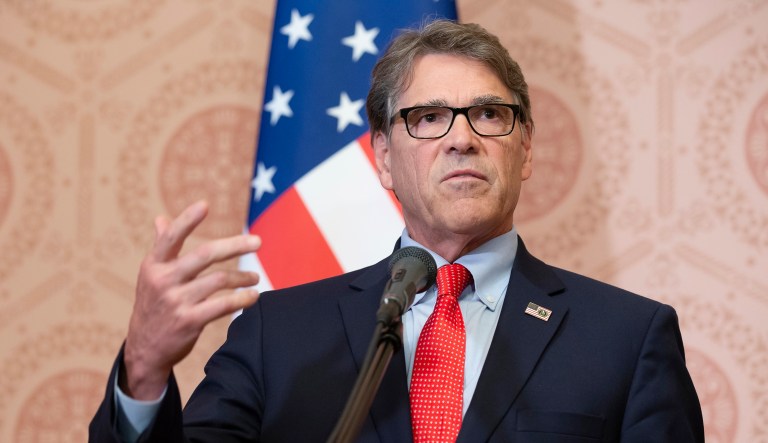 U.S. Secretary of Energy Rick Perry gestures during his and Russian Energy Minister Alexander Novak joint news conference following their talks in Moscow, Russia, Thursday, Sept. 13, 2018. The United States could impose sanctions on a new Russia-Germany gas pipeline, U.S. Energy Secretary Rick Perry said Thursday during a visit to Moscow.