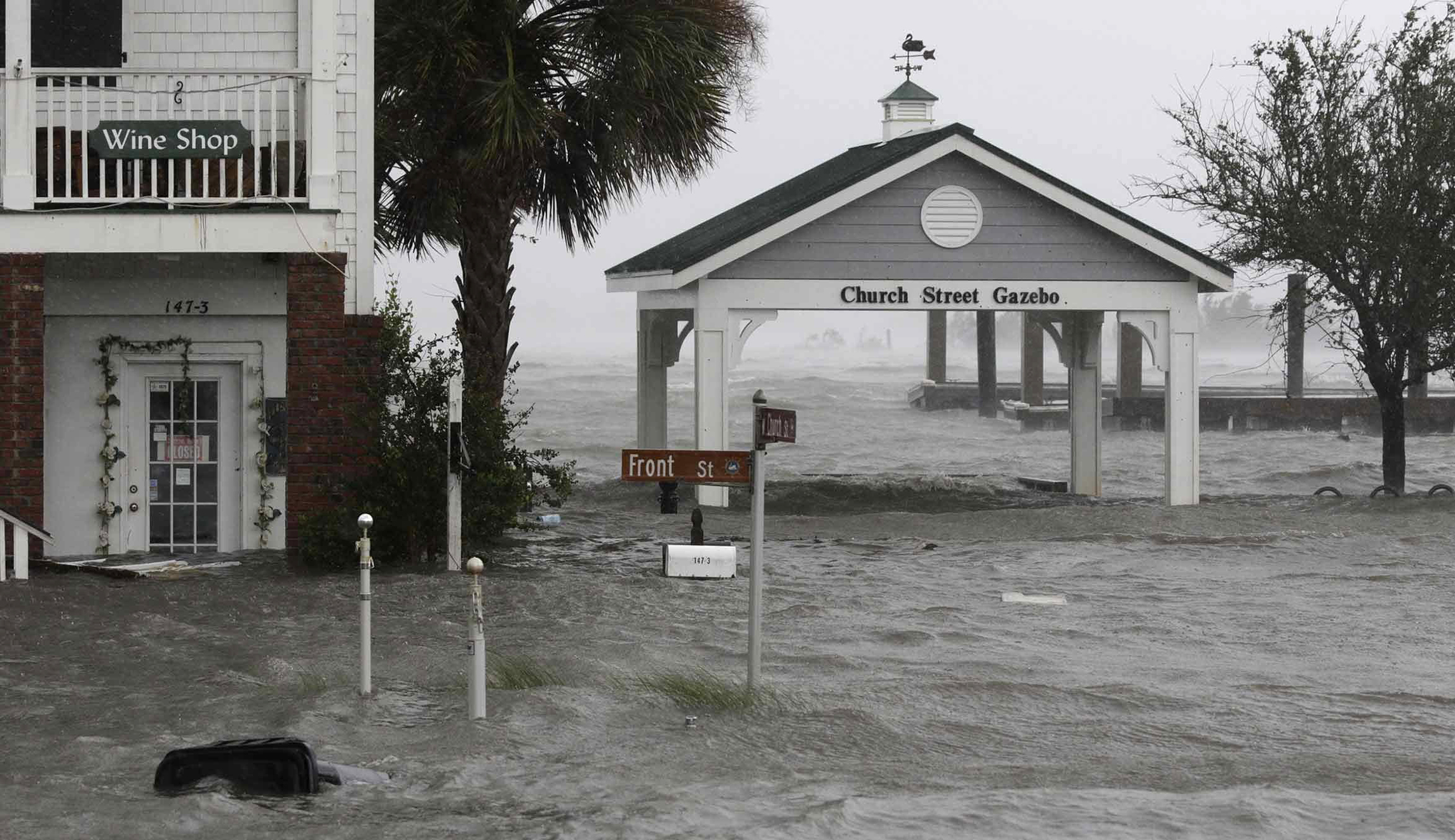 High winds and water surround buildings as Hurricane Florence hits Front Street in downtown Swansboro N.C., on Friday.