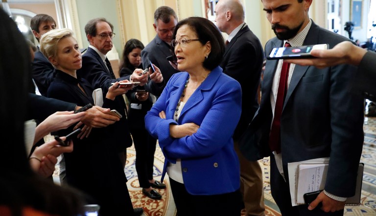Sen. Mazie Hirono, D-Hawaii, speaks to members of the media on Capitol Hill in Washington, Tuesday, Sept. 18, 2018.