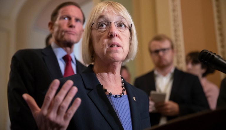 Sen. Patty Murray, D-Wash., assistant Senate minority leader, joined at left by Sen. Richard Blumenthal, D-Conn., speaks with reporters about Supreme Court nominee Brett Kavanaugh following their weekly policy meetings, at the Capitol in Washington, Tuesday, Sept. 18, 2018.