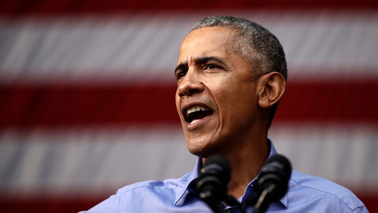 Former President Barack Obama speaks as he campaigns in support of Pennsylvania candidates.