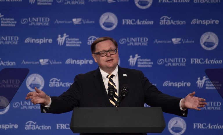 Todd Starnes of Fox News speaks at the 2018 Values Voter Summit in Washington, Saturday, Sept. 22, 2018. 