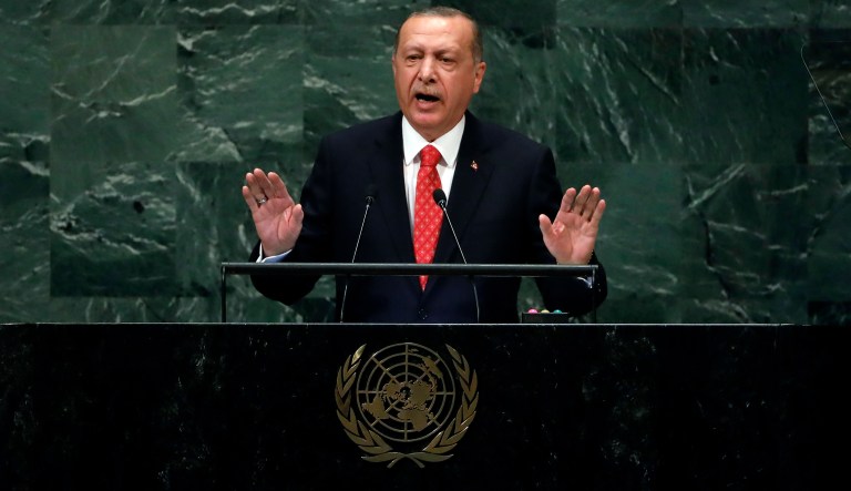 Turkey's President Recep Tayyip Erdogan addresses the 73rd session of the United Nations General Assembly, at U.N. headquarters, Tuesday, Sept. 25, 2018.