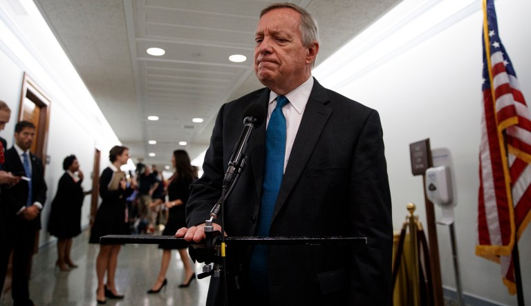 Sen. Dick Durbin, D-Ill., pauses as he speaks to the media during a break in a Senate Judiciary Committee hearing on Capitol Hill in Washington, Thursday, Sept. 27, 2018, with Christine Blasey Ford and Supreme Court nominee Brett Kavanaugh.