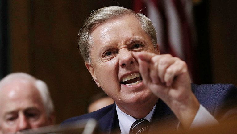 Sen. Lindsey Graham, R-S.C., makes a point during a hearing.