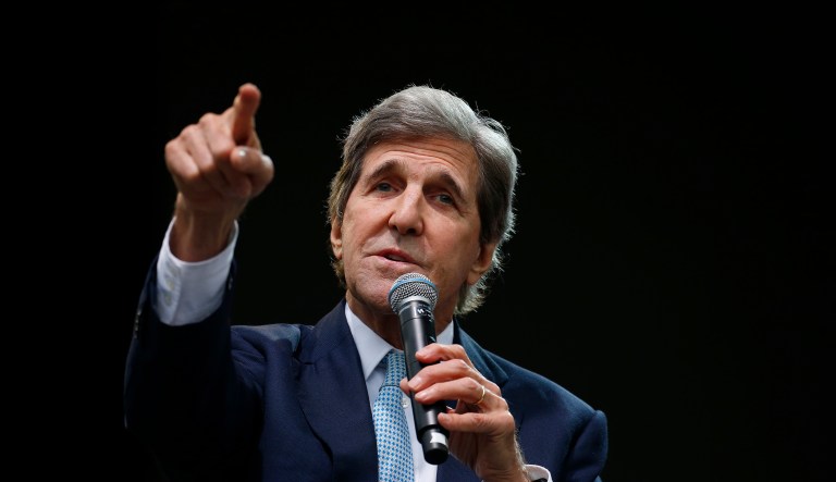 Former Massachusetts Senator John Kerry points as he speaks at the Forbes 30 Under 30 Summit, Monday, Oct. 1, 2018, in Boston.