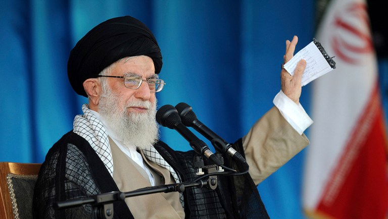 In this picture released by official website of the office of the Iranian leader Ali Khamenei gestures while speaking during a gathering of thousands of members of the Basij.