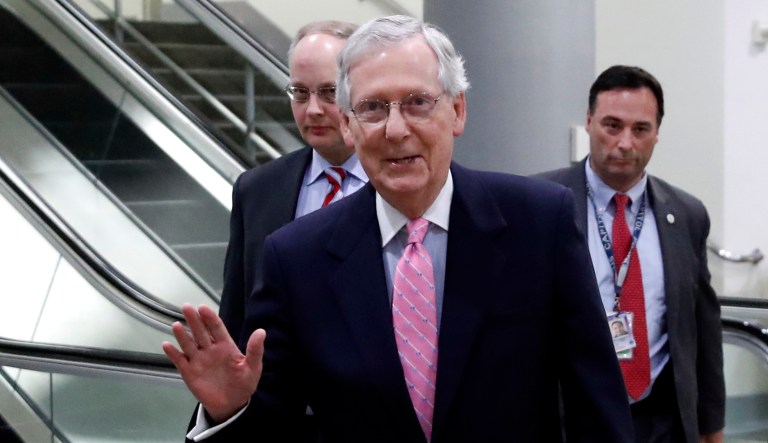 Senate Majority Leader Mitch McConnell of Ky., arrives on Capitol Hill in Washington, D.C.