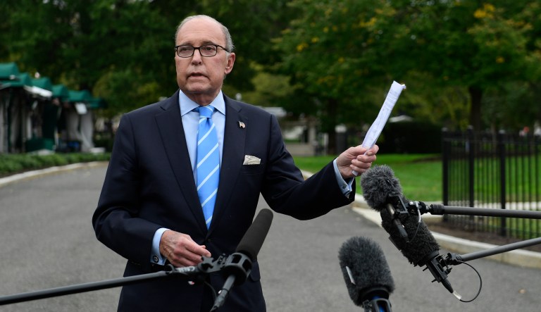 White House National Economic Council Director Larry Kudlow speaks with reporters outside the West Wing of the White House in Washington, Friday, Oct. 5, 2018.