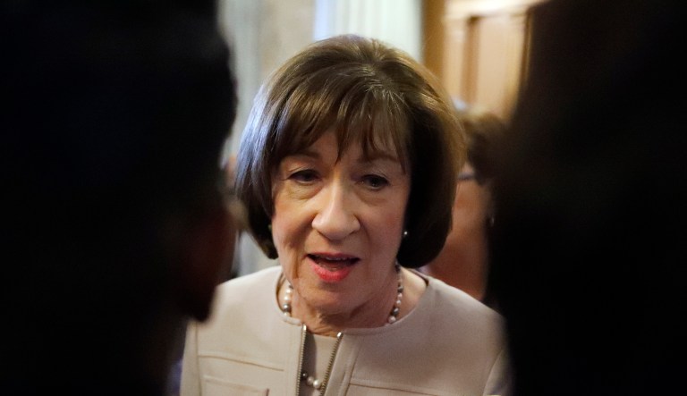 Sen. Susan Collins, R-Maine, talks with reporters after speaking on the Senate floor Friday.