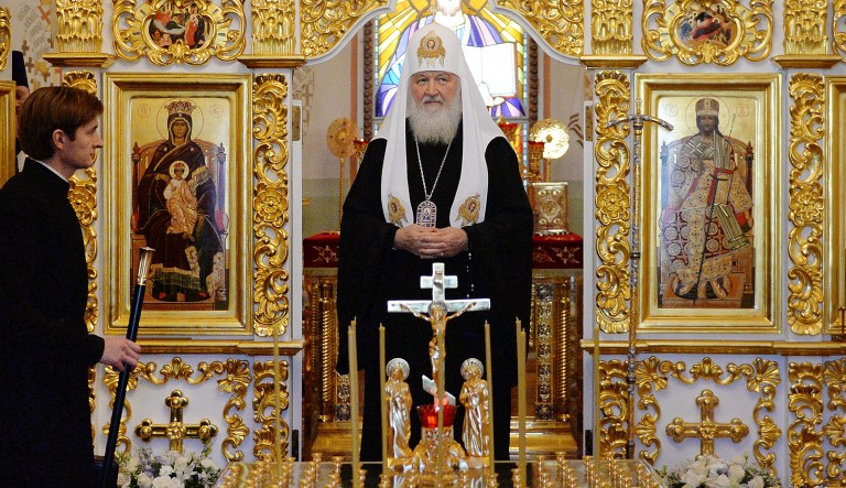Russian Orthodox Church Patriarch Kirill prays during a meeting of the Russian Orthodox Church Holy Synod in Minsk, Belarus, Monday, Oct. 15, 2018. The Russian Orthodox Church decided Monday to sever ties with the leader of the worldwide Orthodox community after his decision to grant Ukrainian clerics independence from the Moscow Patriarchate.