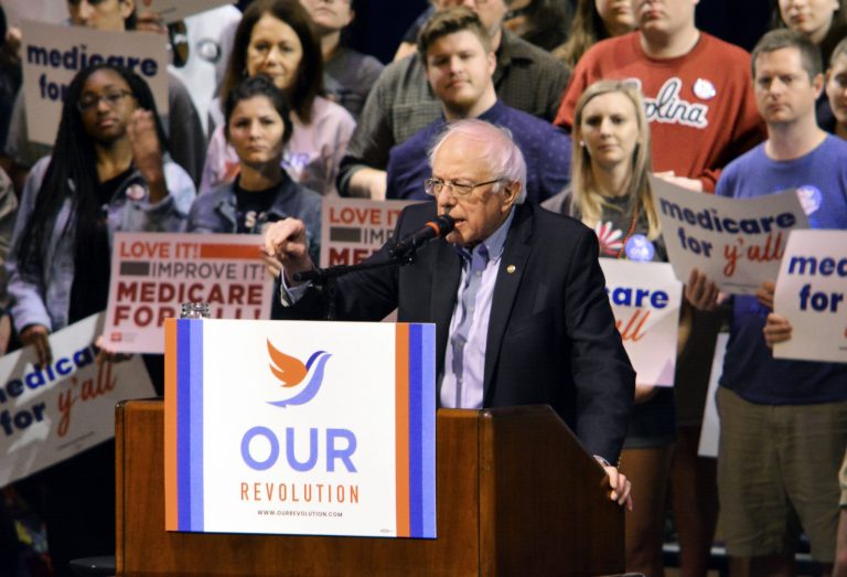 Vermont Sen. Bernie Sanders addresses supporters at a âMedicare for Allâ rally on Saturday, Oct. 20, 2018, in Columbia, S.C.  Sanders hasnât announced intentions for another bid in 2020. But in the run-up to the Nov. 6 election, heâs visiting more than half a dozen states to stump with congressional candidates. 