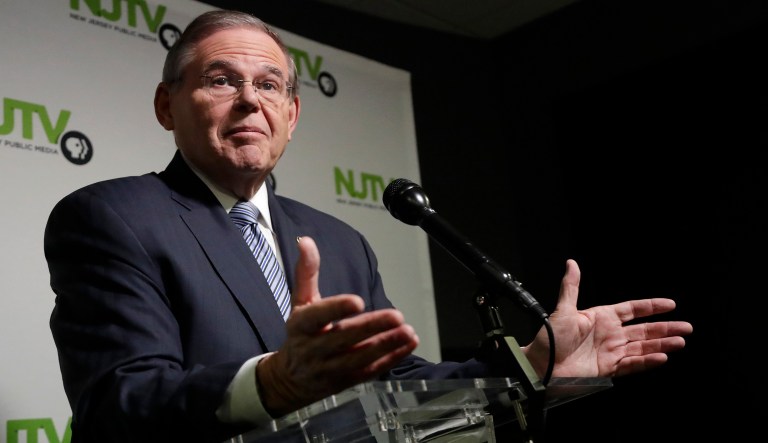 New Jersey Sen. Bob Menendez, the Democratic candidate for the U.S. Senate in New Jersey, speaks to reporters after a debate with Republican candidate Bob Hugin, Wednesday, Oct. 24, 2018, in Newark, N.J.