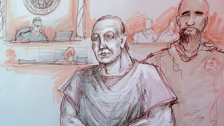 In this courtroom sketch, Cesar Sayoc, left, appears in federal court.