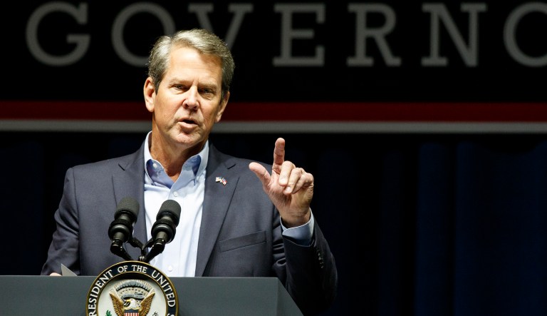 Republican gubernatorial candidate Brian Kemp speaks during a "Get Out The Vote" rally at the Dalton Convention Center on Thursday, Nov. 1, 2018 in Dalton, Ga. Republican Brian Kemp is facing off against Democrat Stacey Abrams for governor in Georgia.