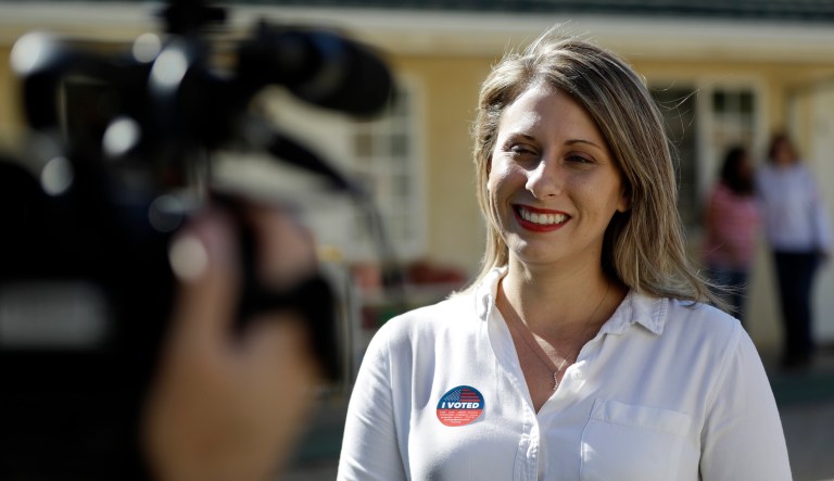 Katie Hill, a then-Democratic Party candidate from California's 25th congressional district conducts an interview after voting Tuesday, Nov. 6, 2018, in Agua Dulce, Calif. 