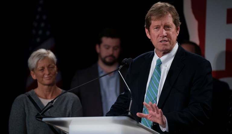 Second District Congressman Jason Lewis speaks to supporters after conceding defeat to Democrat Angie Craig in Bloomington, Minn., Tuesday, Nov. 6, 2018.