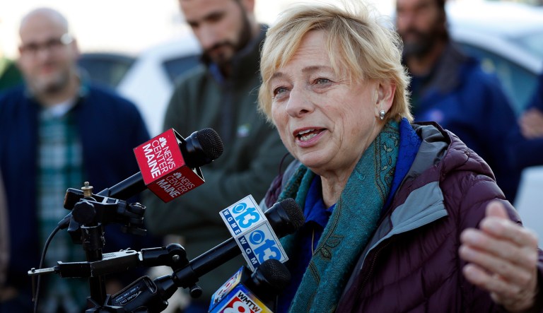 Gov.-elect Janet Mills speaks to reporters Wednesday, Nov. 7, 2018, in Portland, Maine. Mills will be the state's first woman governor. 