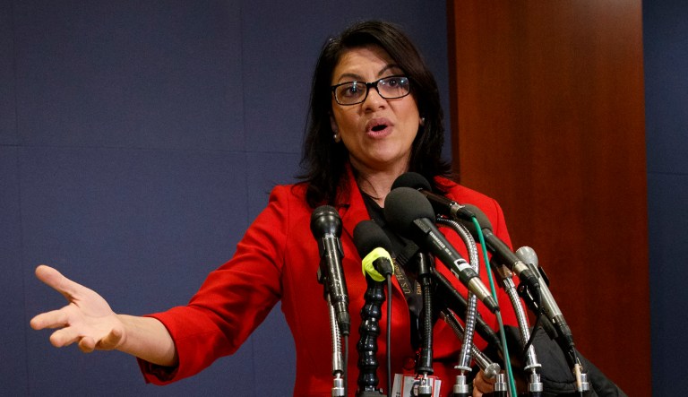 Rep. Rashida Tlaib, D-Mich., speaks to the media.