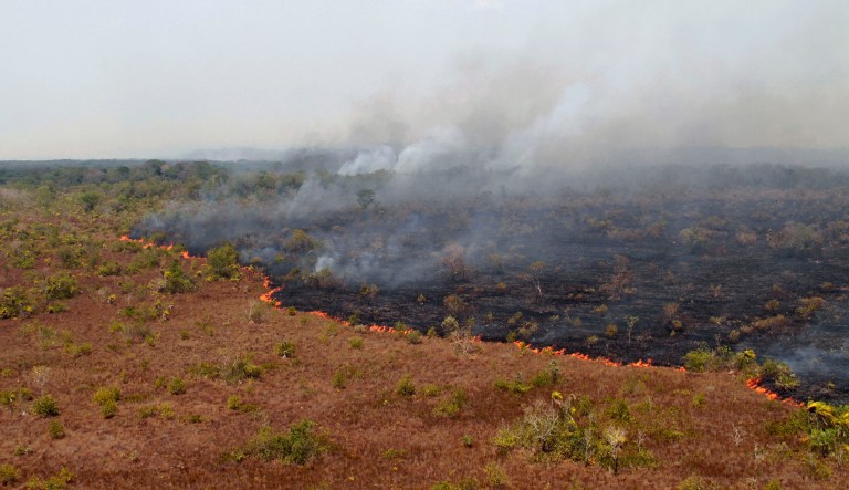 In this Aug. 25, 2016 photo released by Ibama, the Brazilian Environmental and Renewable Natural Resources Institute, a forest fire burns in Xingu Indigenous Park in Mato Grosso in Brazil's Amazon basin.