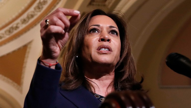 Sen. Kamala Harris, D-Calif. speaks about voting rights, as members of the Senate Democratic leadership speak to the media after their policy luncheon.