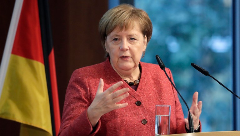 German Chancellor Angela Merkel delivers a speech during the German Ukrainian Economy Forum.