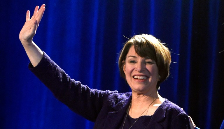 In this Nov. 6, 2018, file photo, Sen. Amy Klobuchar waves to supporters after winning re-election during the Democratic election night party in St. Paul, Minn.