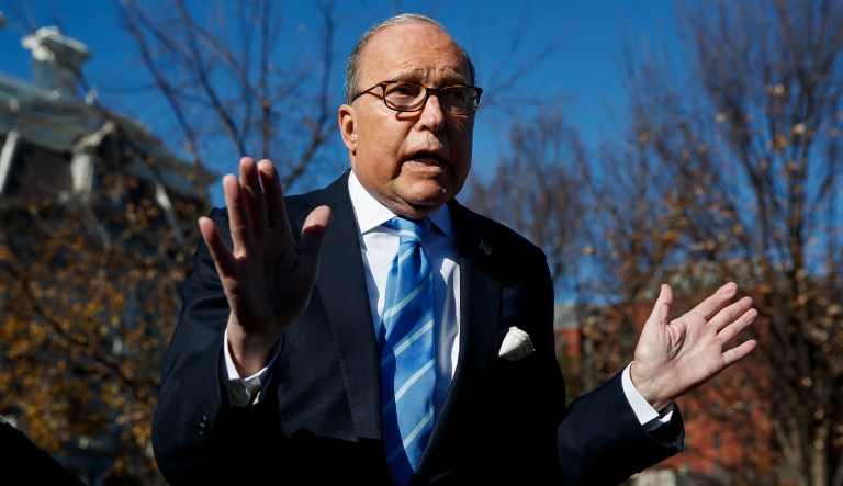 White House chief economic adviser Larry Kudlow talks with reporters about trade negotiations with China, at the White House, Monday, Dec. 3, 2018, in Washington.