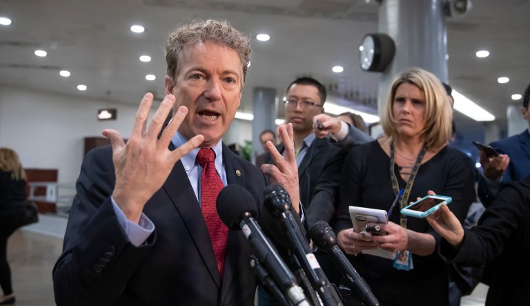 Sen. Rand Paul, R-Ky., complains to reporters that too many lawmakers, including him, are being kept out of a closed-door security briefing by CIA Director Gina Haspel on the slaying of Saudi journalist Jamal Khashoggi and involvement of the Saudi crown prince, Mohammed bin Salman, at the Capitol in Washington, Tuesday, Dec. 4, 2018.