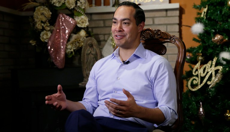 Democrat Julian Castro talks about exploring the possibility of running for president in 2020, at his home in San Antonio, Tuesday, Dec. 11, 2018.  The announcement Wednesday gives the 44-year-old Castro a jump-start on whatâs likely to be a crowded Democratic primary field that has no clear front-runner. He tells The Associated Press he plans to announce his ultimate decision in early January.
