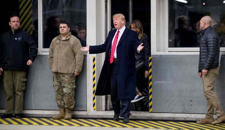President Trump and first lady Melania Trump arrive to greet members of the military at Ramstein Air Base, Germany.