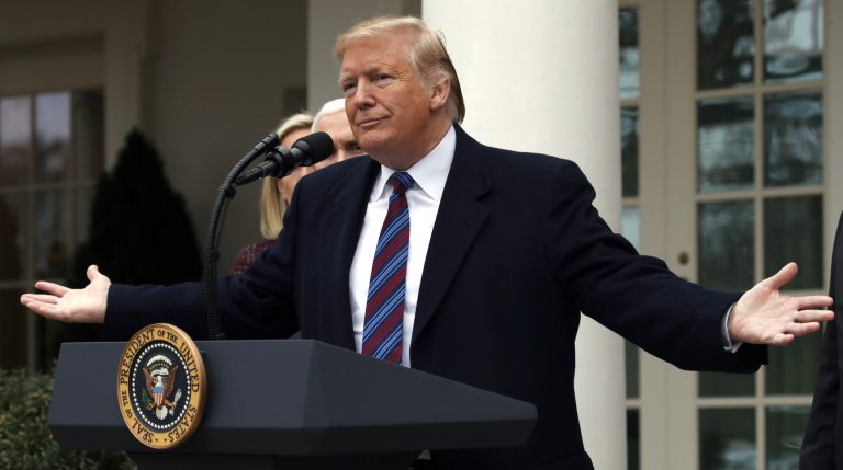 President Donald Trump speaks in the Rose Garden of the White House after a meeting with Congressional leaders on border security, Friday, Jan. 4, 2019, at the White House in Washington.