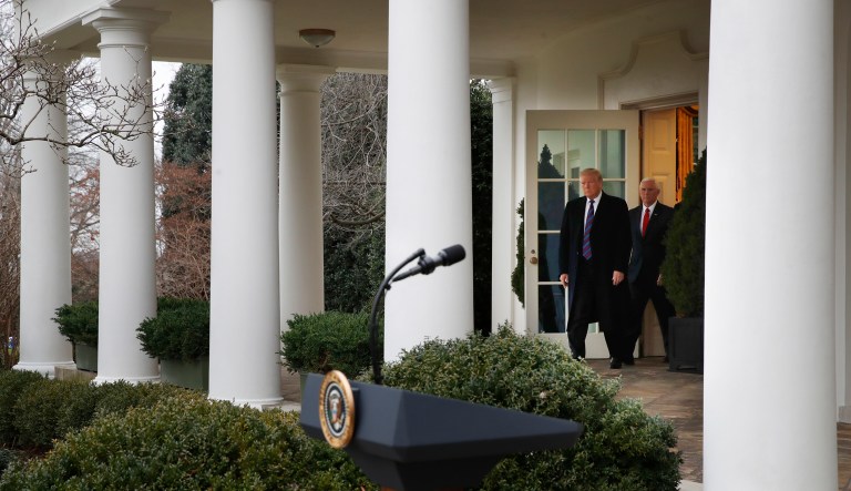 President Trump, with Vice President Mike Pence, arrives to speaks in the Rose Garden of the White House, after a meeting with Congressional leaders on border security, Friday, Jan. 4, 2019, at the White House in Washington.