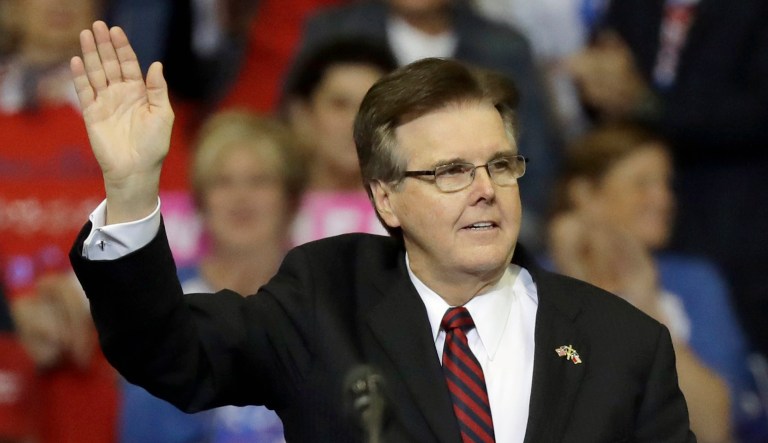 Texas Lt. Gov. Dan Patrick speaks during a campaign rally in Houston.