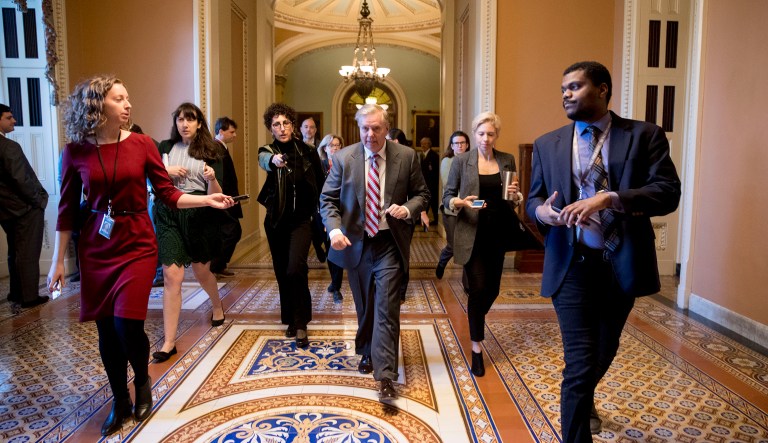 Sen. Lindsey Graham, R-S.C., walks to a meeting with Senate Republicans at the office of Senate Majority Leader Mitch McConnell on Capitol Hill in Washington, Thursday, Jan. 10, 2019.