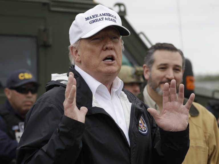 President Donald Trump speaks as he tours the U.S. border with Mexico at the Rio Grande on the southern border, Thursday, Jan. 10, 2019, in McAllen, Texas, as Sen. Ted Cruz, R-Texas, listens at right.