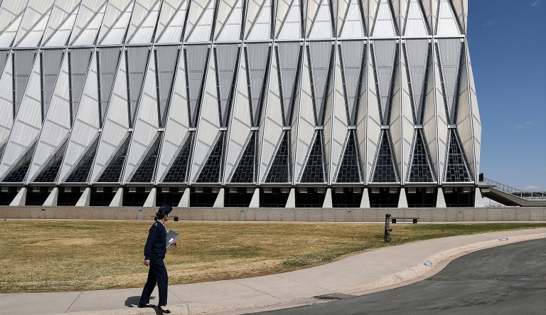 In this April 12, 2017, photo, the Cadet Chapel towers over the U.S. Air Force Academy campus outside Colorado Springs, Colo.