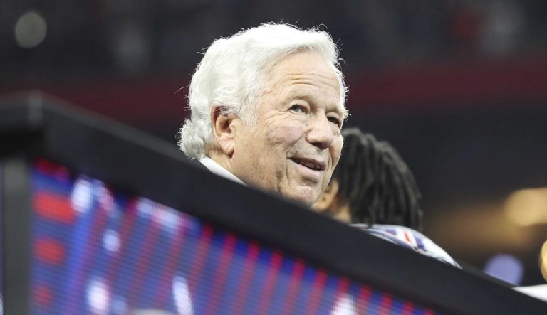 New England Patriots' owner Robert Kraft appears on stage after the NFL Super Bowl 53 football game between the Los Angeles Rams and the New England Patriots, Sunday, Feb. 3, 2019, in Atlanta. 