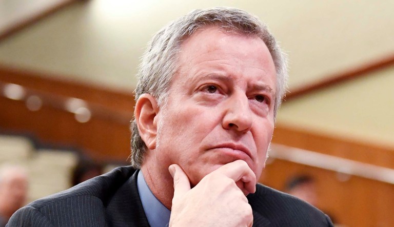 New York City Mayor Bill de Blasio appears during a meeting.