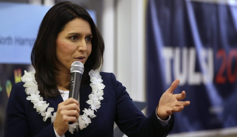 Presidential hopeful U.S. Rep. Tulsi Gabbard, D-Hawaii, addresses an audience during a meet and greet, Sunday, Feb. 17, 2019, in North Hampton, N.H. 