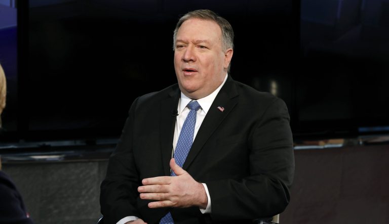 U.S. Secretary of State Mike Pompeo is interviewed by Maria Bartiromo during her "Mornings with Maria Bartiromo" program on the Fox Business Network, in New York Thursday, Feb. 21, 2019. 