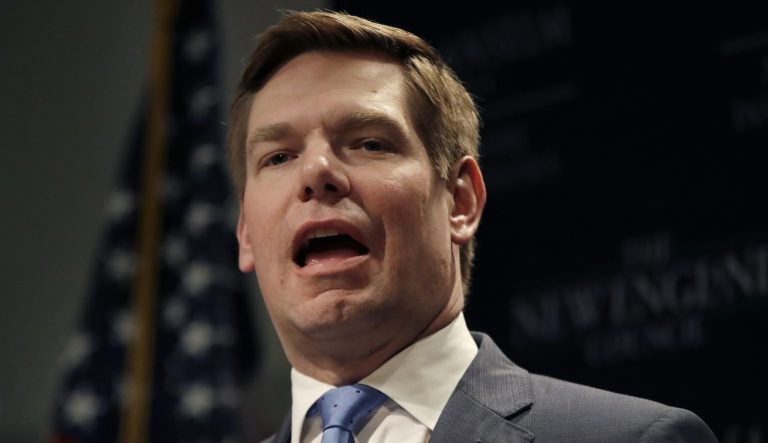 Rep. Eric Swalwell, D-Calif., speaks at a Politics & Eggs event, Monday, Feb. 25, 2019, in Manchester, N.H. Swalwell is considering a run for the Democratic presidential nomination. 